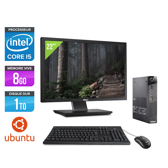 Pack PC bureau reconditionné - Lenovo ThinkCentre M73 Tiny - i5 - 8Go - 1 To HDD D - Ubuntu / Linux - Ecran 22