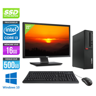 Pack PC de bureau reconditionné Lenovo ThinkCentre M710s SFF + Écran 22" - Intel core i3-6100 - 16 Go RAM DDR4 - 500 Go SSD - Windows 10
