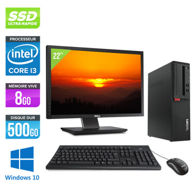 Pack PC de bureau reconditionné Lenovo ThinkCentre M710s SFF - Intel core i3-7100 - 8Go RAM DDR4 - 500Go SSD - Windows 10 + Écran 22"